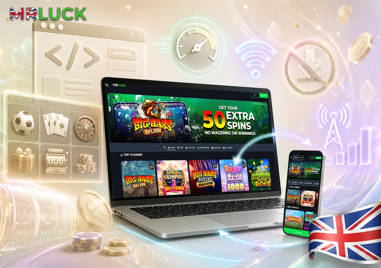 Browser casino experience shown across laptop and phone with fast no-download play